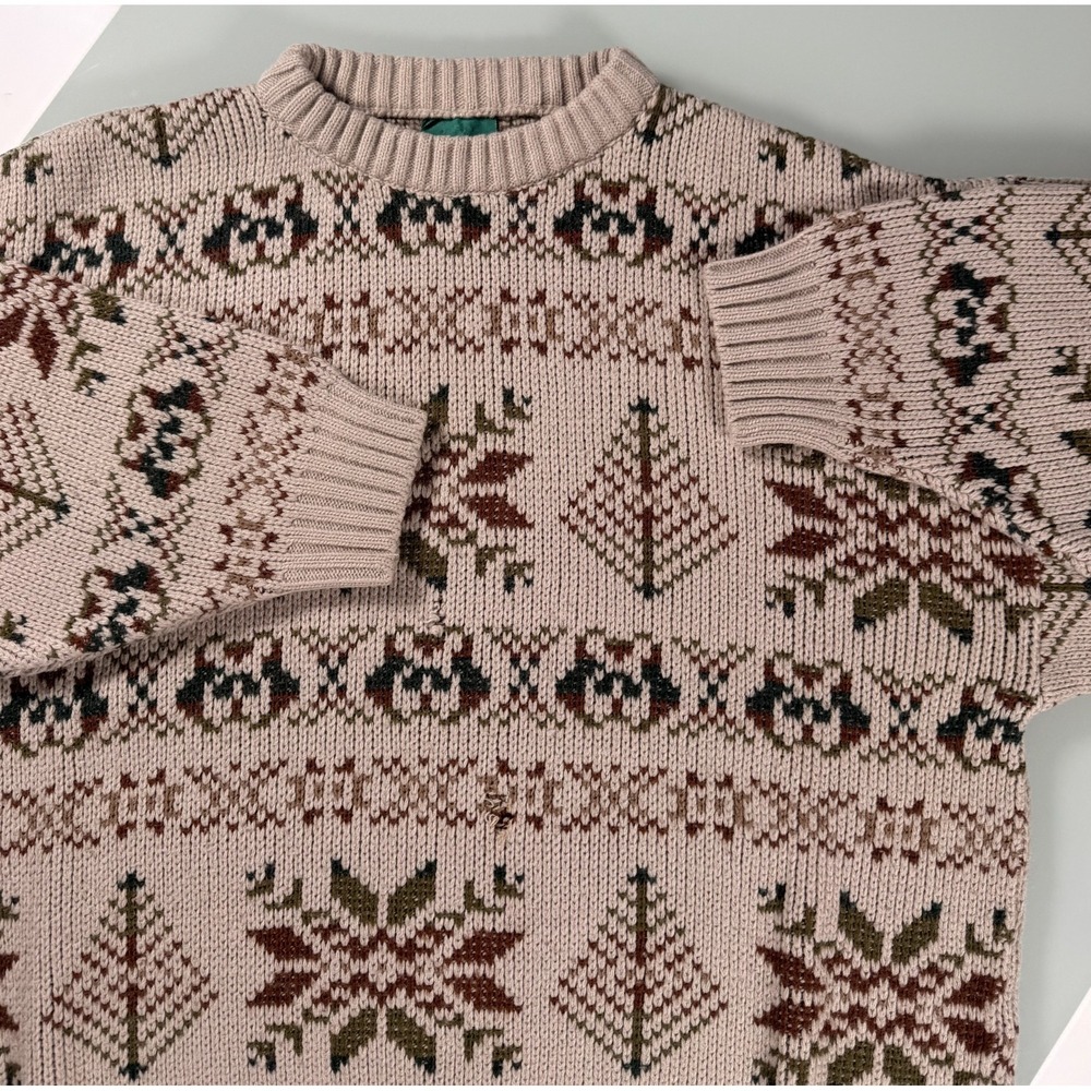 VTG Canda Fair Isle Knit Crew Neck Sweater Mens M Beige Geometric Pattern Preppy